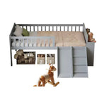 Cadre de lit jumeau avec étagère de rangement, toboggan et échelle, lit plateforme en bois avec garde-corps, gris
