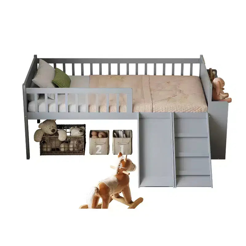 Cadre de lit jumeau avec étagère de rangement, toboggan et échelle, lit plateforme en bois avec garde-corps, gris