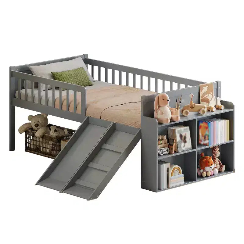 Cadre de lit jumeau avec étagère de rangement, toboggan et échelle, lit plateforme en bois avec garde-corps, gris