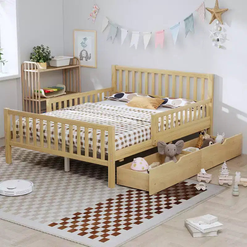 Full Wood Platform Bed with Guardrails and 2 Storage Drawers, Natural