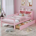 Twin Bed with Headboard Storage Rack, 2 Under-Bed Drawers and Guardrails, Pink