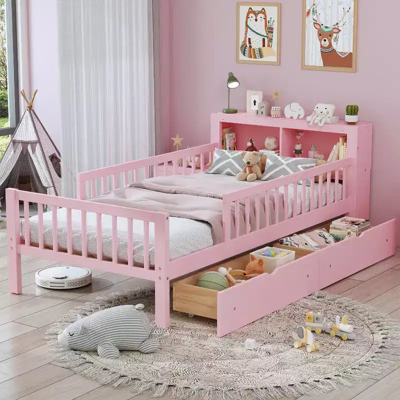 Twin Bed with Headboard Storage Rack, 2 Under-Bed Drawers and Guardrails, Pink