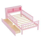Lit jumeau avec tête de lit avec rangement, 2 tiroirs de rangement et barrières de sécurité, rose