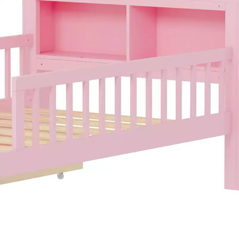 Lit jumeau avec tête de lit avec rangement, 2 tiroirs de rangement et barrières de sécurité, rose