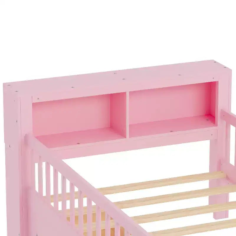 Lit jumeau avec tête de lit avec rangement, 2 tiroirs de rangement et barrières de sécurité, rose