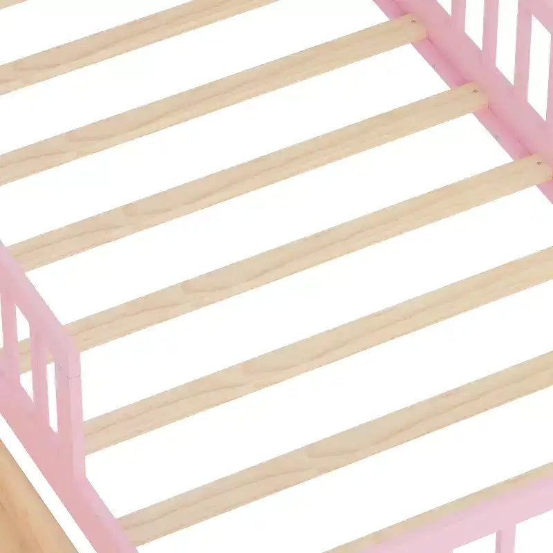 Lit jumeau avec tête de lit avec rangement, 2 tiroirs de rangement et barrières de sécurité, rose