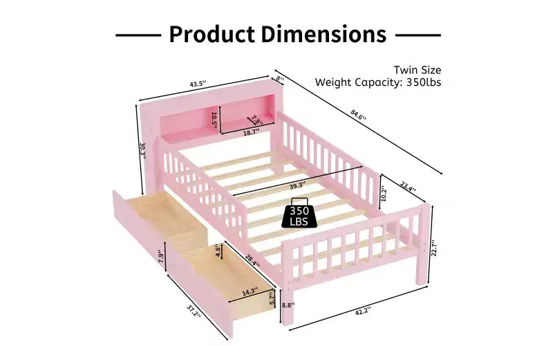 Lit jumeau avec tête de lit avec rangement, 2 tiroirs de rangement et barrières de sécurité, rose