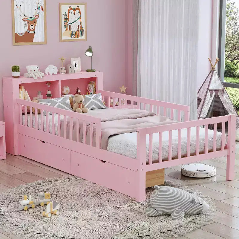 Lit jumeau avec tête de lit avec rangement, 2 tiroirs de rangement et barrières de sécurité, rose