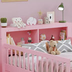 Lit jumeau avec tête de lit avec rangement, 2 tiroirs de rangement et barrières de sécurité, rose