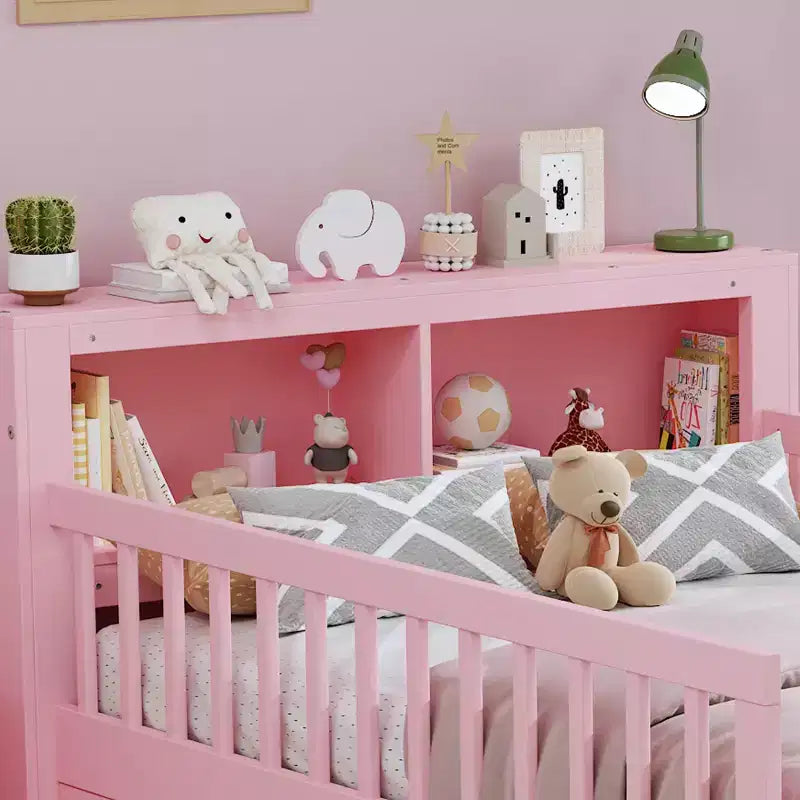 Lit jumeau avec tête de lit avec rangement, 2 tiroirs de rangement et barrières de sécurité, rose