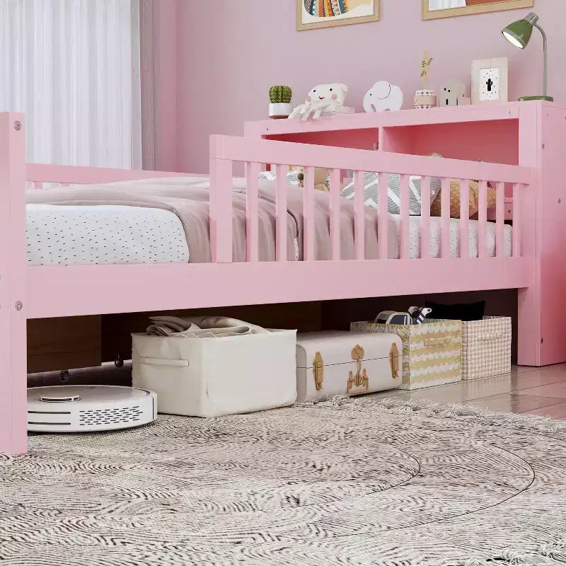 Lit jumeau avec tête de lit avec rangement, 2 tiroirs de rangement et barrières de sécurité, rose