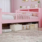 Lit jumeau avec tête de lit avec rangement, 2 tiroirs de rangement et barrières de sécurité, rose