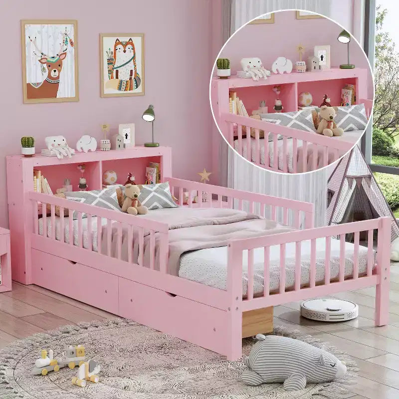 Lit jumeau avec tête de lit avec rangement, 2 tiroirs de rangement et barrières de sécurité, rose