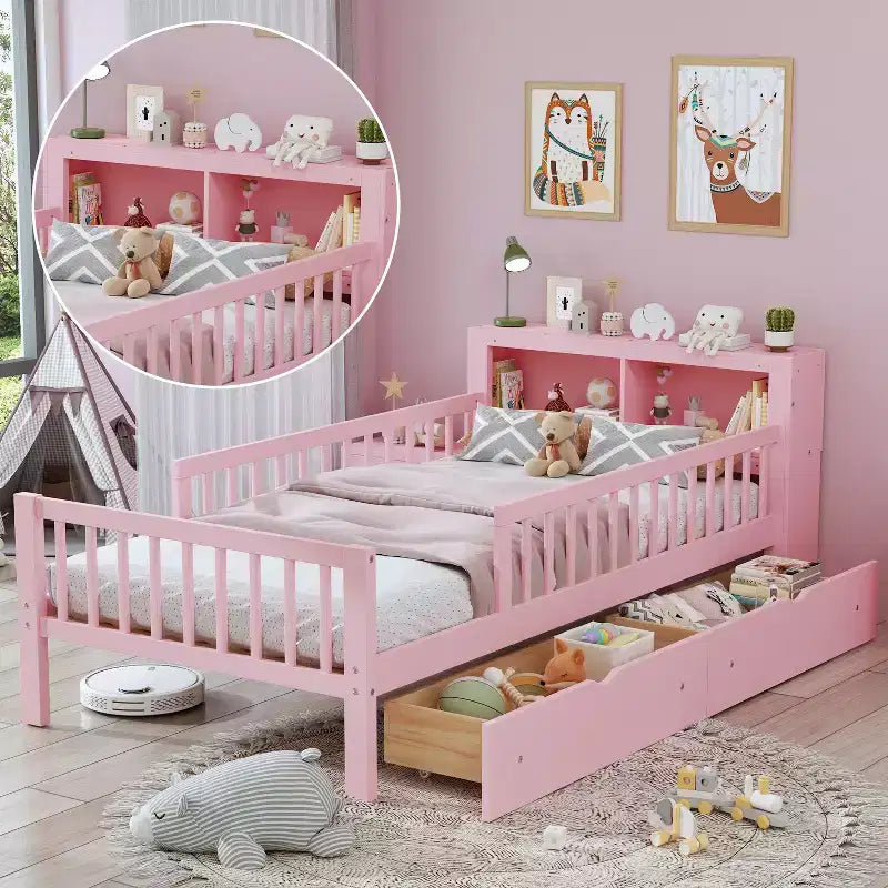 Lit jumeau avec tête de lit avec rangement, 2 tiroirs de rangement et barrières de sécurité, rose