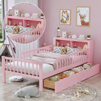 Lit jumeau avec tête de lit avec rangement, 2 tiroirs de rangement et barrières de sécurité, rose