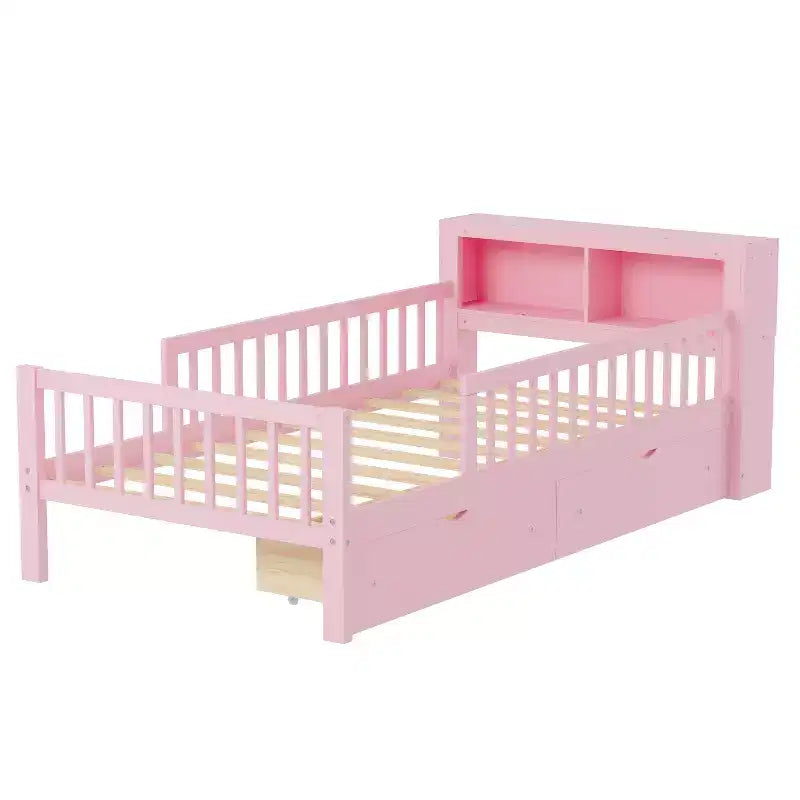 Lit jumeau avec tête de lit avec rangement, 2 tiroirs de rangement et barrières de sécurité, rose