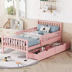 Twin Wood Platform Bed with Guardrails and 2 Storage Drawers, Pink