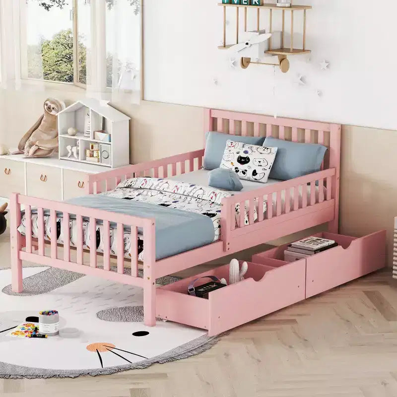 Twin Wood Platform Bed with Guardrails and 2 Storage Drawers, Pink