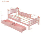 Lit double plateforme en bois avec barrières de sécurité et 2 tiroirs de rangement, rose