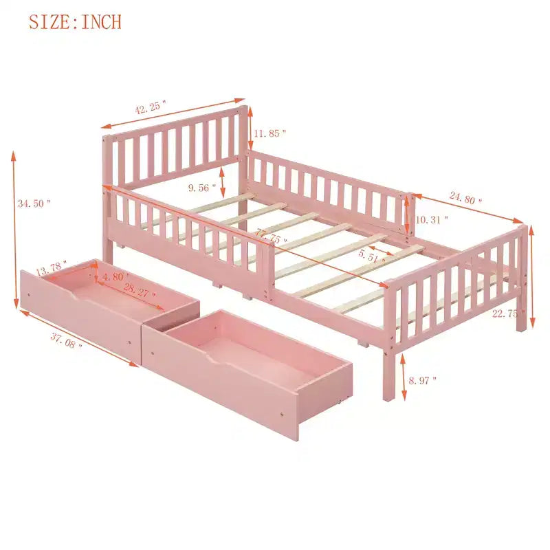 Lit double plateforme en bois avec barrières de sécurité et 2 tiroirs de rangement, rose