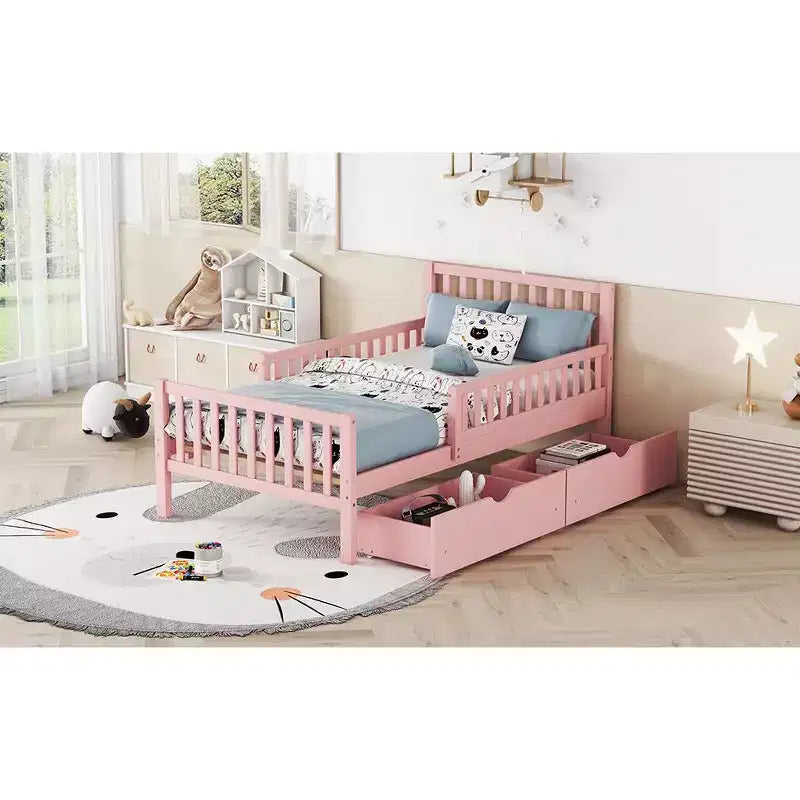 Lit double plateforme en bois avec barrières de sécurité et 2 tiroirs de rangement, rose