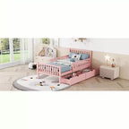 Lit double plateforme en bois avec barrières de sécurité et 2 tiroirs de rangement, rose