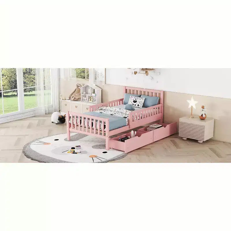 Lit double plateforme en bois avec barrières de sécurité et 2 tiroirs de rangement, rose