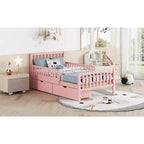 Lit double plateforme en bois avec barrières de sécurité et 2 tiroirs de rangement, rose