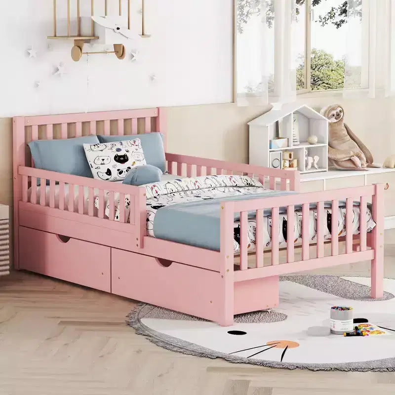 Lit double plateforme en bois avec barrières de sécurité et 2 tiroirs de rangement, rose