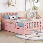 Lit double plateforme en bois avec barrières de sécurité et 2 tiroirs de rangement, rose