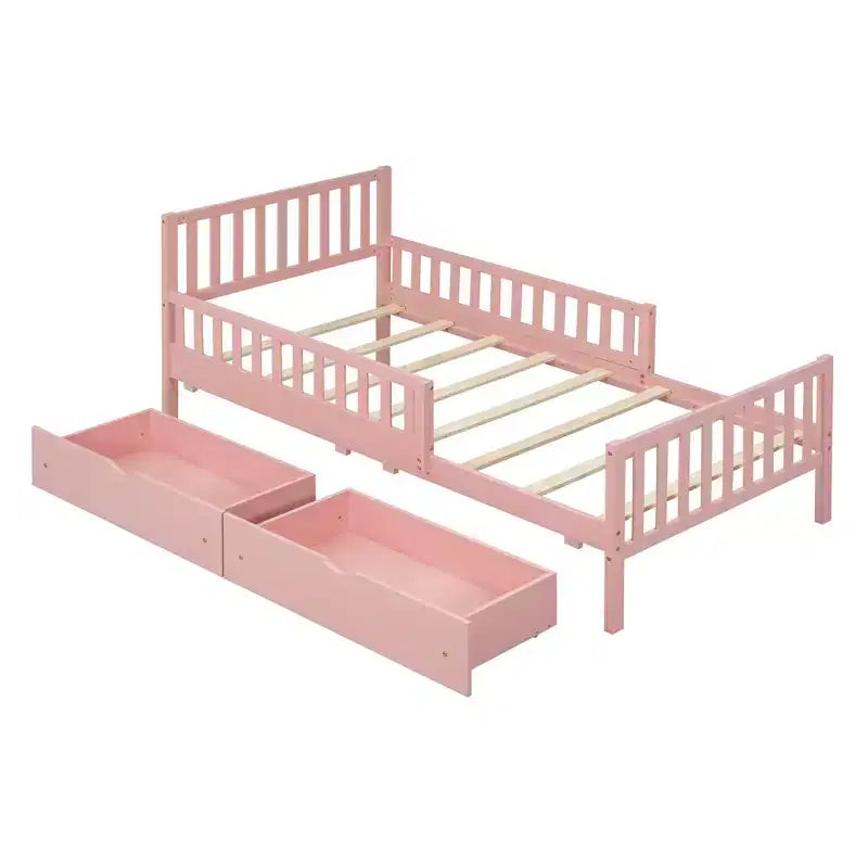 Lit double plateforme en bois avec barrières de sécurité et 2 tiroirs de rangement, rose