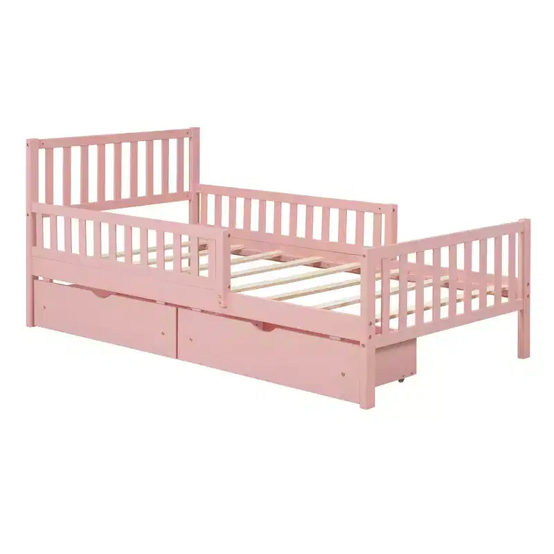 Lit double plateforme en bois avec barrières de sécurité et 2 tiroirs de rangement, rose