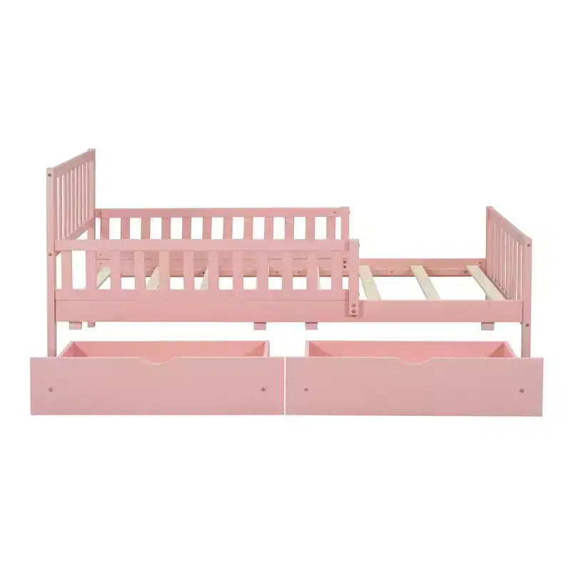 Lit double plateforme en bois avec barrières de sécurité et 2 tiroirs de rangement, rose