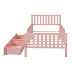 Lit double plateforme en bois avec barrières de sécurité et 2 tiroirs de rangement, rose