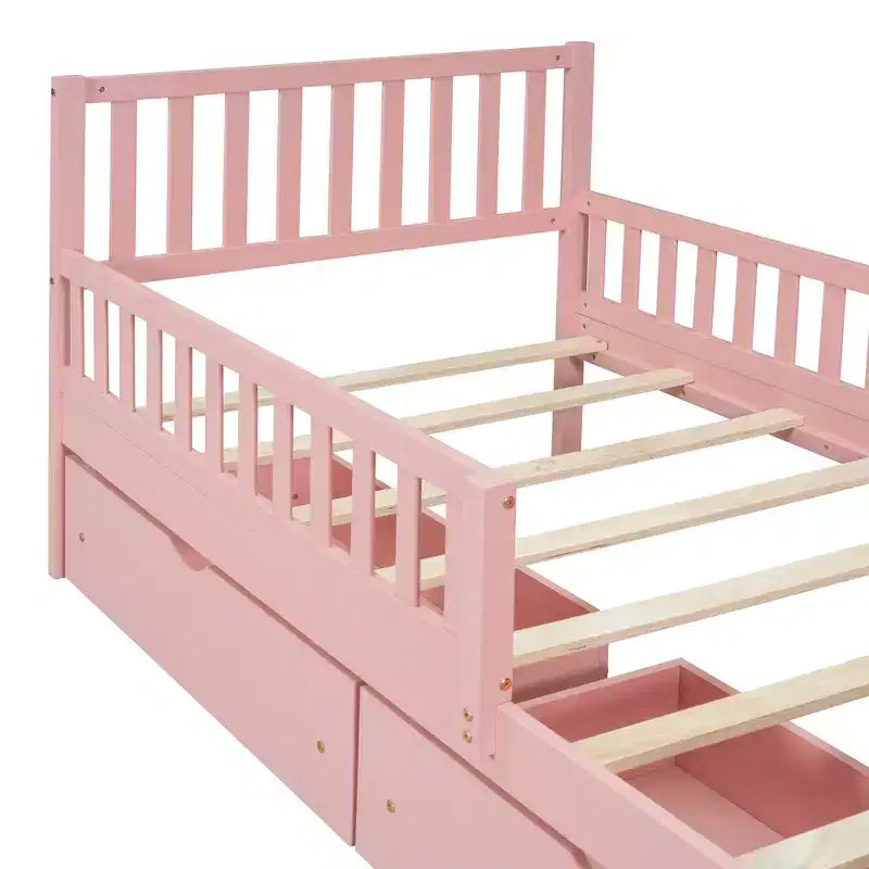 Lit double plateforme en bois avec barrières de sécurité et 2 tiroirs de rangement, rose