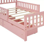 Lit double plateforme en bois avec barrières de sécurité et 2 tiroirs de rangement, rose