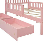 Lit double plateforme en bois avec barrières de sécurité et 2 tiroirs de rangement, rose