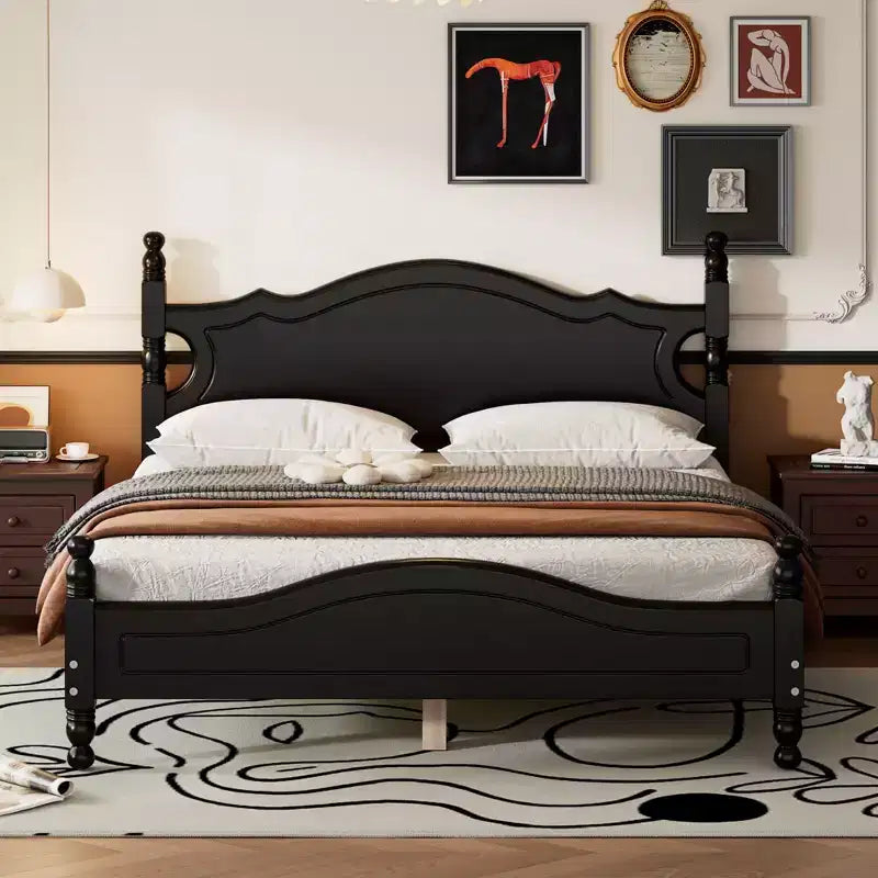 Queen Wood Platform Bed Frame, Retro Style Bed with Slat Support, Black