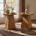 Lantine Solid Wood End Table, 19 Round Side Table with Trapezoid Base for Small Spaces, Living Room, Easy Assembly, Brown
