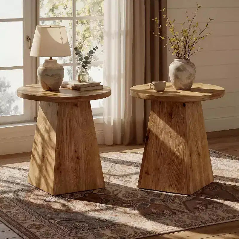 Lantine Solid Wood End Table, 19 Round Side Table with Trapezoid Base for Small Spaces, Living Room, Easy Assembly, Brown