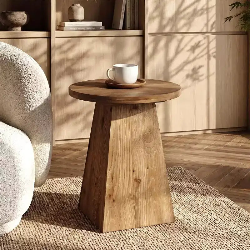 Table d'appoint en bois massif Lantine, Table d'appoint ronde de 48 cm avec base trapézoïdale pour petits espaces, Salon, Montage facile, Marron