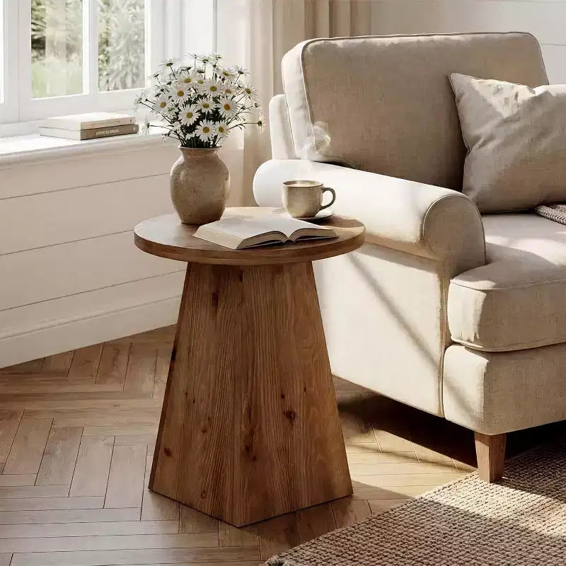 Table d'appoint en bois massif Lantine, Table d'appoint ronde de 48 cm avec base trapézoïdale pour petits espaces, Salon, Montage facile, Marron