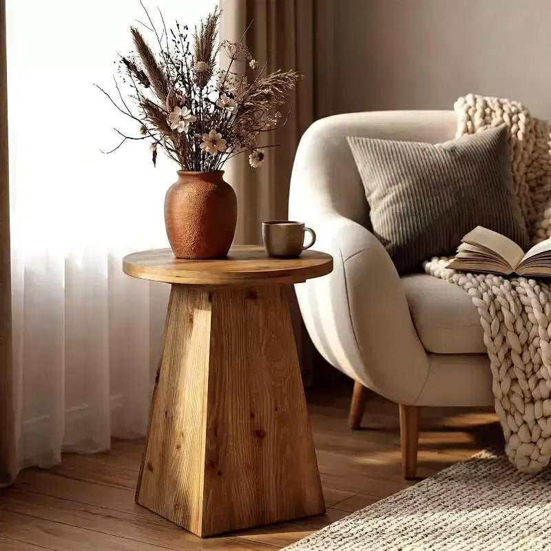 Table d'appoint en bois massif Lantine, Table d'appoint ronde de 48 cm avec base trapézoïdale pour petits espaces, Salon, Montage facile, Marron