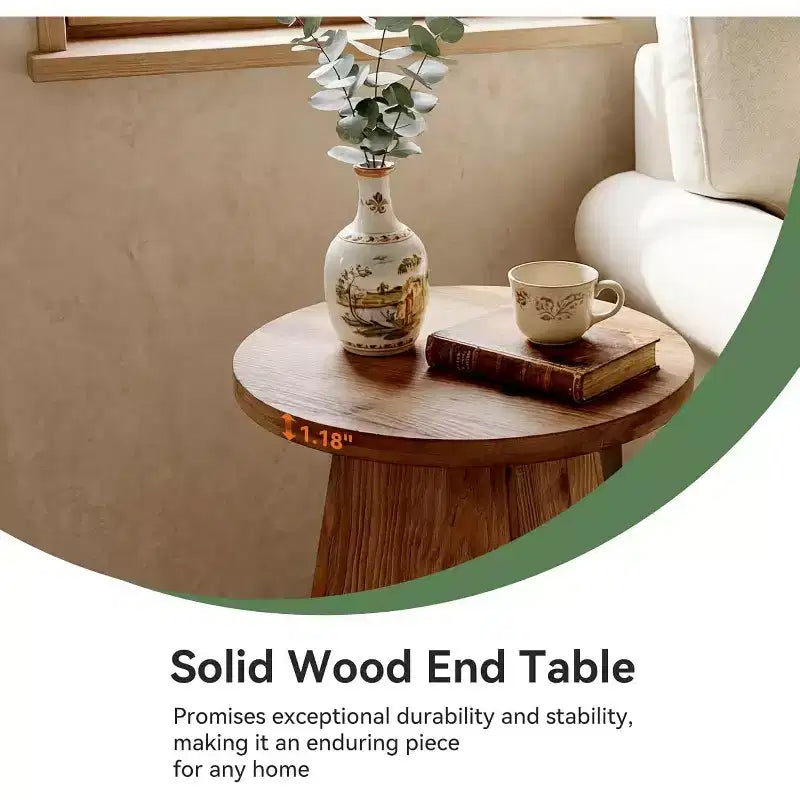 Table d'appoint en bois massif Lantine, Table d'appoint ronde de 48 cm avec base trapézoïdale pour petits espaces, Salon, Montage facile, Marron