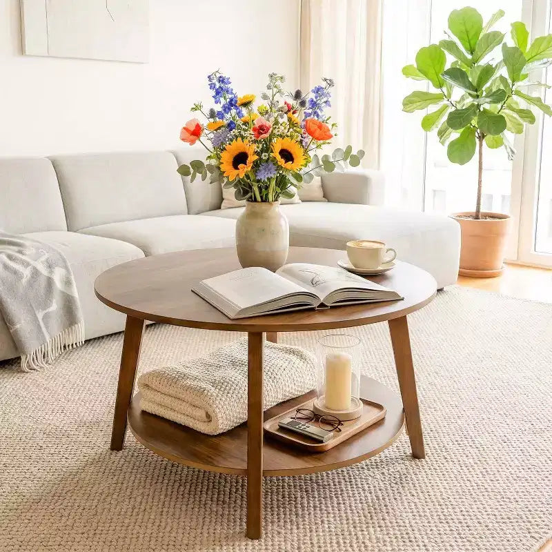 Table basse ronde moderne BestMassage avec rangement à 2 niveaux, table d'appoint en bois pour salon, petite table d'appoint de canapé peu encombrante