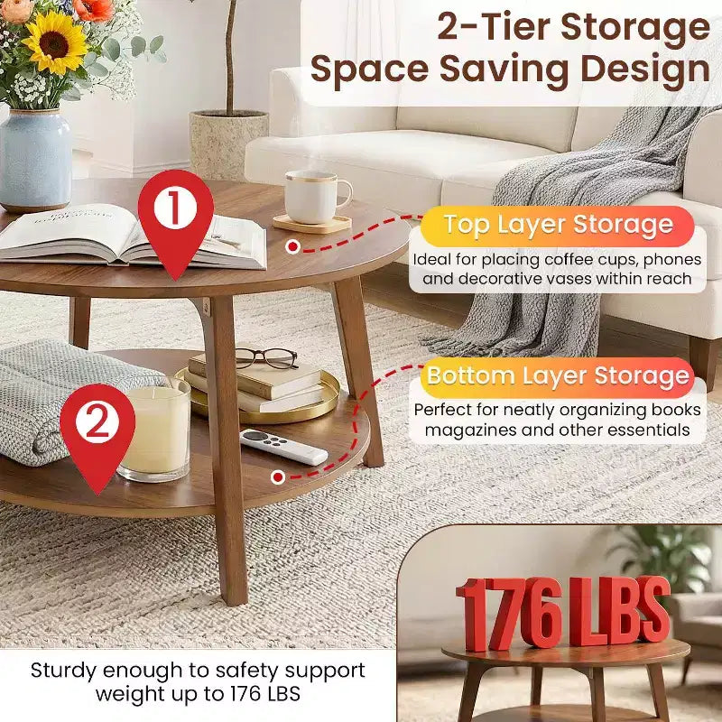 Table basse ronde moderne BestMassage avec rangement à 2 niveaux, table d'appoint en bois pour salon, petite table d'appoint de canapé peu encombrante