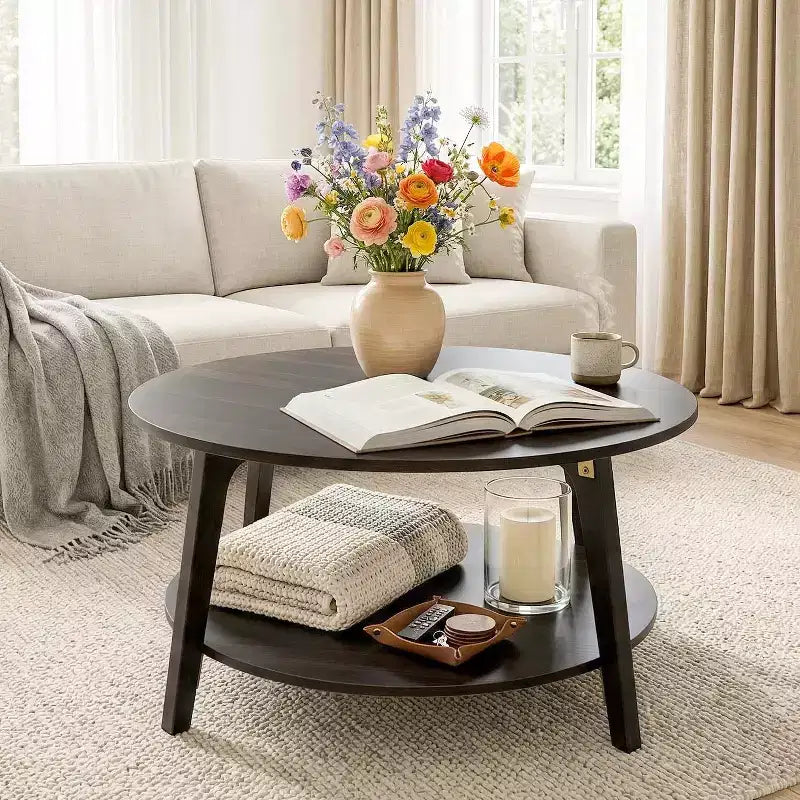 Table basse ronde moderne BestMassage avec rangement à 2 niveaux, table d'appoint en bois pour salon, petite table d'appoint de canapé peu encombrante
