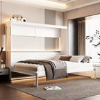 FAMYYT Queen Size Murphy Bed With Side-Folding, LED Under-Bed Lighting, Built-In USB Outlet, Easy Assembly, White