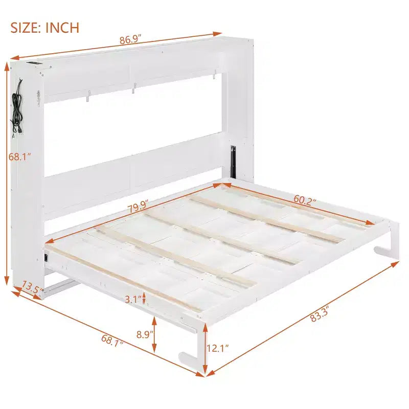 Lit escamotable grand lit FAMYYT avec pliage latéral, éclairage LED sous le lit, prise USB intégrée, montage facile, blanc