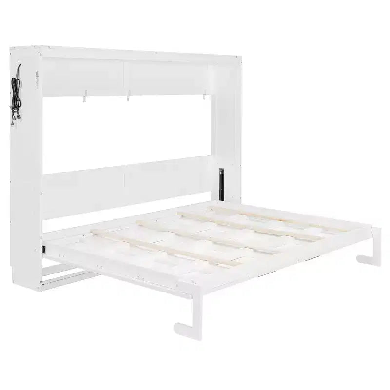 Lit escamotable grand lit FAMYYT avec pliage latéral, éclairage LED sous le lit, prise USB intégrée, montage facile, blanc
